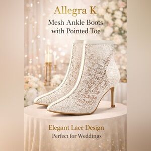 Elegant White Lace Mesh Ankle Boots with Pointed Toe New without Box